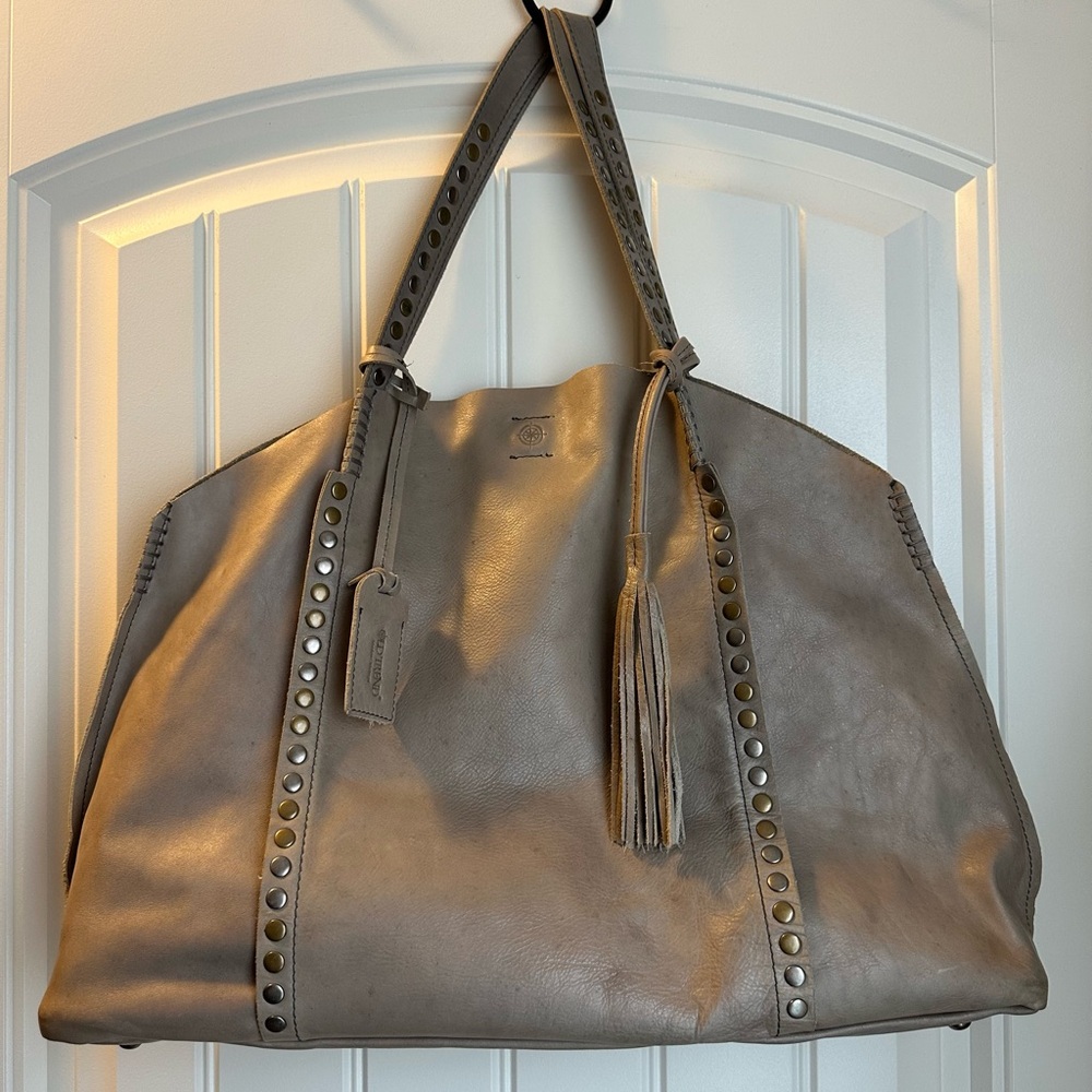 Elegant Gray Leather Tote with Stud Accents
